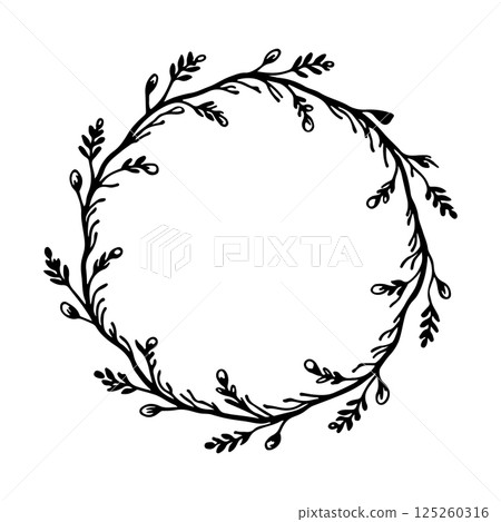 Hand painted wreath made from natural leafy branches. Perfect for wedding stationery, nature themed branding, invitations and seasonal projects. 125260316