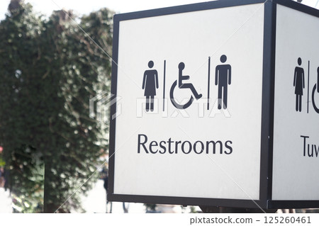 Sign directing visitors to restrooms in a public location 125260461