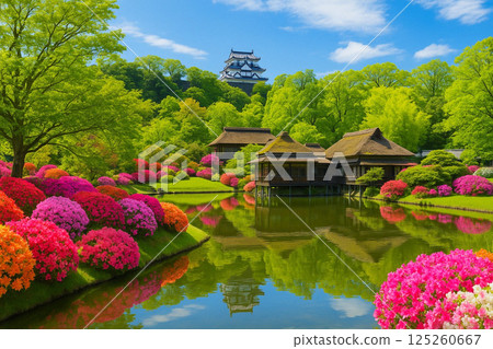 彥根城和花園裡的杜鵑花 125260667