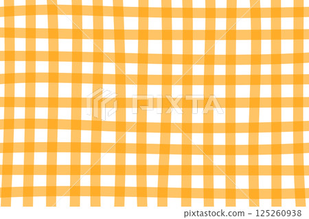 Checkered orange gingham or vichy pattern in doodle style. Picnic plaid, tablecloth or napkin texture in hand drawn technique. Crossed uneven lines. Minimalistic aesthetic print. Vector illustration 125260938