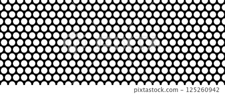 Repeated round holes. White circles on black background. Pegboard, radiator or speaker grill surface. Mosaic holey print. Perforated metal or plastic texture. Vector graphic illustration 125260942