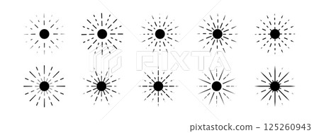 Sunburst icons. Set of sun rays symbols isolated on white background. Solar energy signs. Sunbeam, sunlight or sunshine pictograms. Decorative design elements. Vector graphic illustration Sunburst icons. Set of sun rays symbols isolated on white background. Solar energy signs. Sunbeam, sunlight or sunshine pictograms. Decorative design elements. Vector graphic illustration 125260943