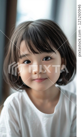 Little beauty girl closeup short black hair looking to camera wearing white dress 125260946