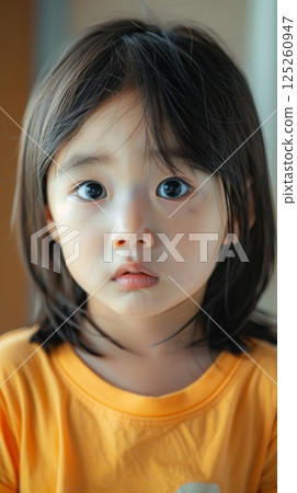 Little beauty girl closeup short black hair looking to camera wearing white dress 125260947