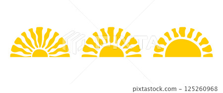 Set of groovy setting or rising sun silhouettes isolated on background. Sunrise or sunset signs. Summer theme symbols. Modern psychedelic print. Happy positive vibes concept. Vector flat illustration 125260968