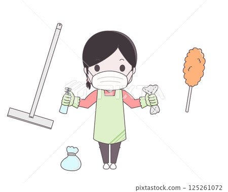 一位戴著口罩打掃衛生的女士的插圖 125261072