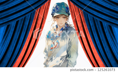 紅色和藍色的窗簾和人物 125261073