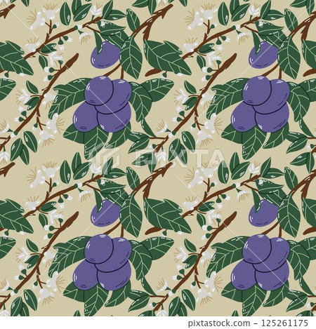 Seamless Pattern of Plum Branches with Leaves and White Flowers 125261175