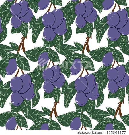 Seamless Pattern of Vibrant Purple Fruit on Branches with Green Leaves Seamless Pattern of Vibrant Purple Fruit on Branches with Green Leaves 125261177