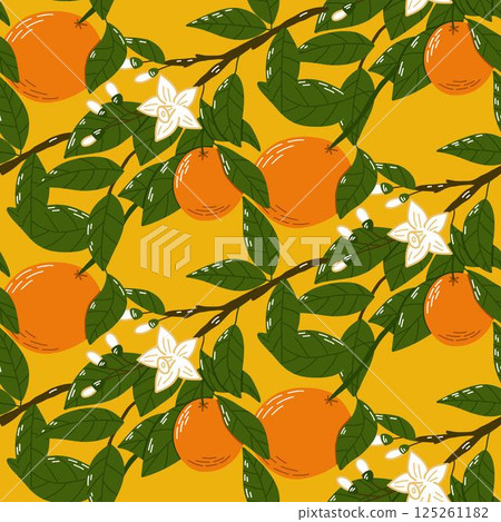 Seamless Pattern of Orange Fruit and Blossoms on Green Leafy Branches 125261182