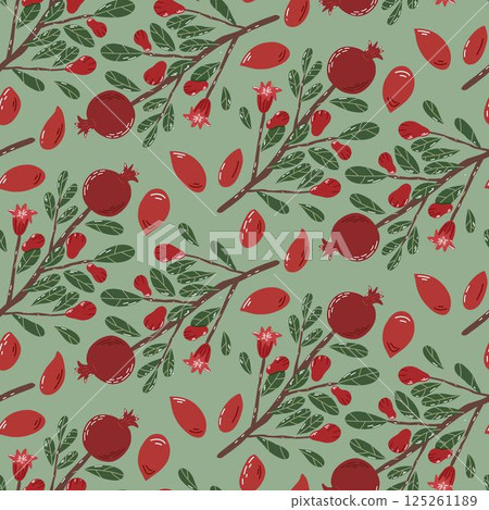 Seamless Pattern of Pomegranate Branches with Fruits and Leaves on Green Background Seamless Pattern of Pomegranate Branches with Fruits and Leaves on Green Background 125261189