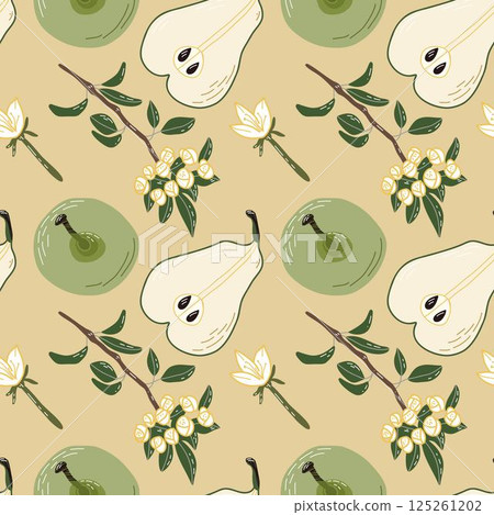 Seamless Pattern Featuring Pears, Flowers, and Leaves in a Natural Aesthetic Seamless Pattern Featuring Pears, Flowers, and Leaves in a Natural Aesthetic 125261202