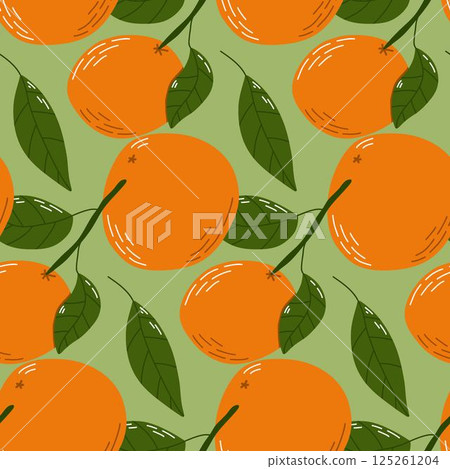 Seamless Pattern of Orange Fruits and Green Leaves on Light Background 125261204