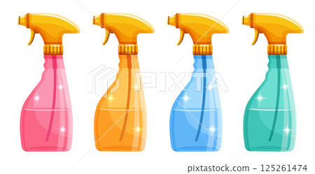 Water spray bottle, liquid spraying cleaner, chemical clean detergent sprayer color icon set. Hand aerosol. Home window glass wash cleaning product. Sanitary disinfection antiseptic cleanser vector 125261474