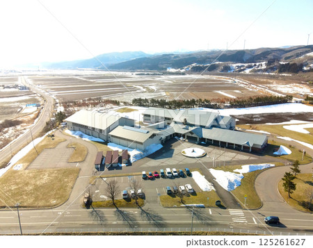 Aerial view of Kaminokuni Junior High School in early spring in Kaminokuni, Hokkaido 125261627