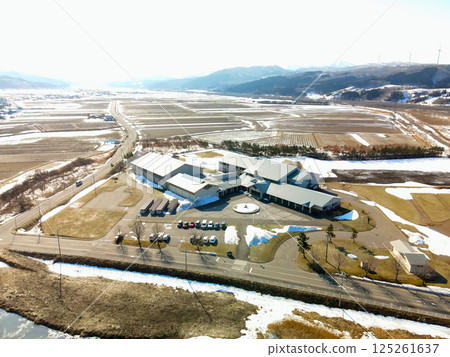 Aerial view of Kaminokuni Junior High School in early spring in Kaminokuni, Hokkaido Aerial view of Kaminokuni Junior High School in early spring in Kaminokuni, Hokkaido 125261637