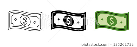 A dollar bill icon set. Cash and paper currency. Vector illustration. A dollar bill icon set. Cash and paper currency. Vector illustration. 125261732
