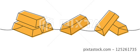 Gold bars set one line colored continuous drawing. Money investment and finance. Vector illustration. 125261735