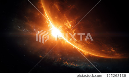 Burning planet sunrise - mystical scene in space 125262186