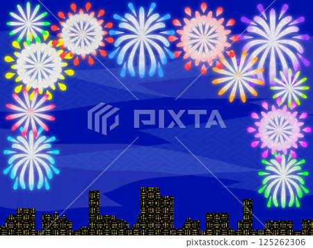 Background of a city fireworks festival with Japanese patterns interwoven 125262306