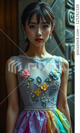 一位日本女性穿著帶有花卉圖案的華麗現代連身裙 125262326