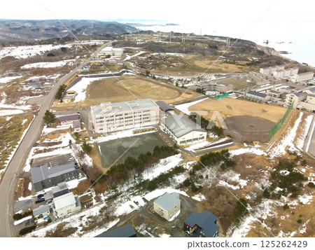Aerial view of Esashi High School in Esashi Town, Hokkaido in early spring 125262429