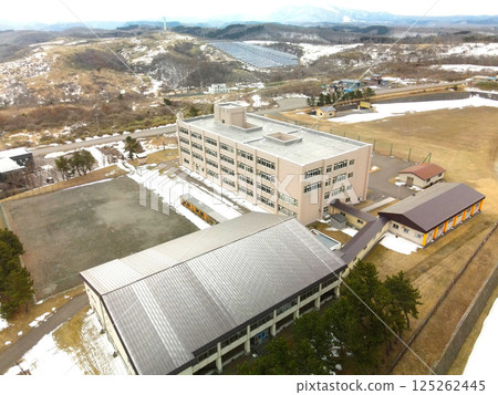 Aerial view of Esashi High School in Esashi Town, Hokkaido in early spring 125262445