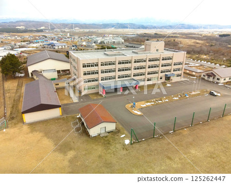Aerial view of Esashi High School in Esashi Town, Hokkaido in early spring 125262447