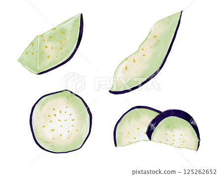 新鮮採摘的夏季蔬菜，切好的茄子，用水彩畫的插圖素材 125262652