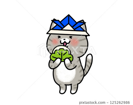 Illustration of a cat eating kashiwamochi on Children's Day 125262986