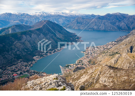 Panoramic view of Kotor Bay Boca and mountains from mountain view point in Montenegro in winter time 125263019