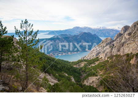 Panoramic view of Kotor Bay Boca and mountains from mountain view point in Montenegro in winter time 125263027