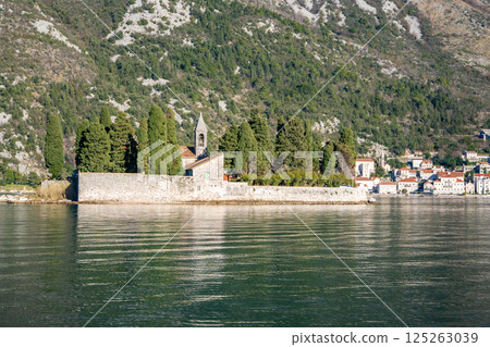 View from water of St. George Island near town Perast, Kotor bay, Montenegro View from water of St. George Island near town Perast, Kotor bay, Montenegro 125263039