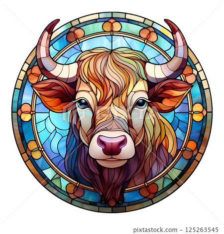 Stained glass illustration 4 of a bull with magnificent horns / Material for flyers and posters 125263545