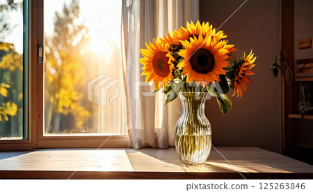 Sunflowers and a striped glass vase on a brightly lit windowsill 125263846