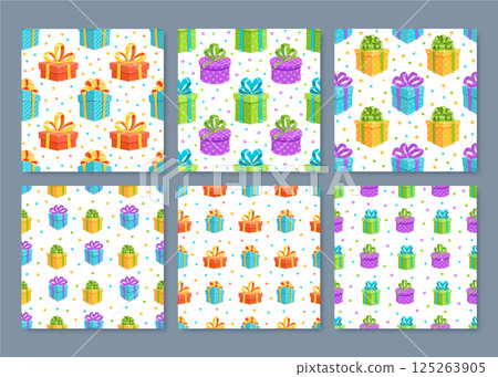 Cartoon seamless gift box pattern set. Flat present with ribbon and bow, ideal for birthday party surprise packages and holiday gift wrapping decoration concepts. 125263905