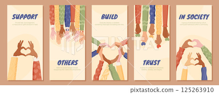 Diverse hand gestures and heart shapes in flat style set. A set of hands forming heart gesture shows people supporting their community with solidarity. Perfect for team and poster concepts. 125263910