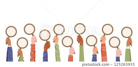 Cartoon hands hold empty signs. Diverse customer arms raise blank posters, reflecting review feedback and survey opinion. Creative gesture template for comment or message, modern poster style for 125263933