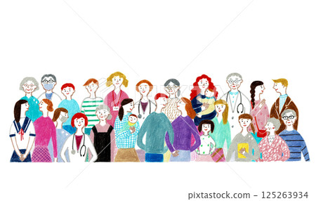 手繪插圖：微笑的醫生、護士和病人 125263934