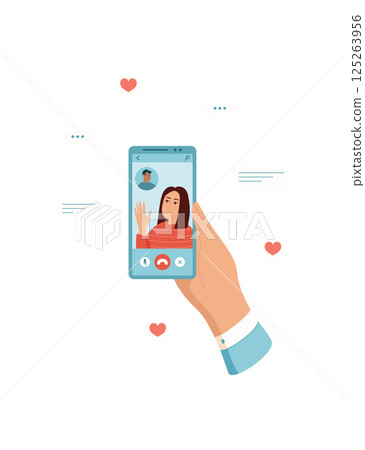 Hand holds a smartphone displaying video chat interface. User engages in real communication using mobile technology. Person interacts with the touchscreen, showcasing social connection, flat design 125263956