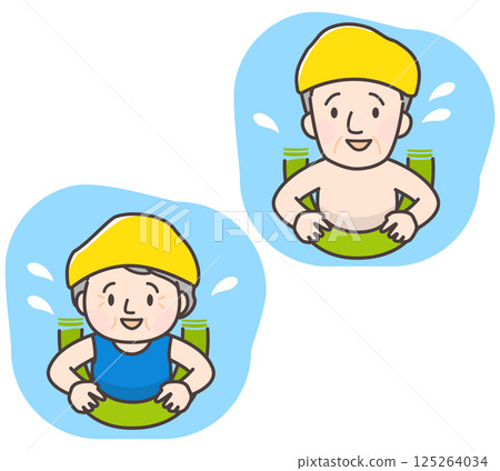 老年男性和女性使用浮標進行水下運動的插圖 125264034