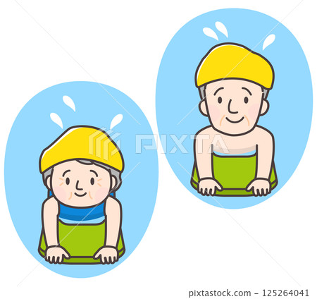 一對老年夫婦使用浮板游泳的插圖 125264041