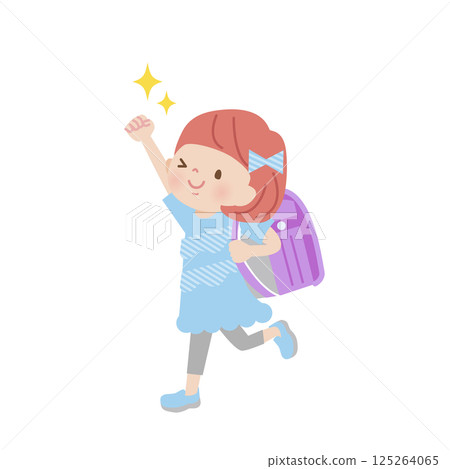 A girl posing in a fist pump while carrying a school bag 125264065