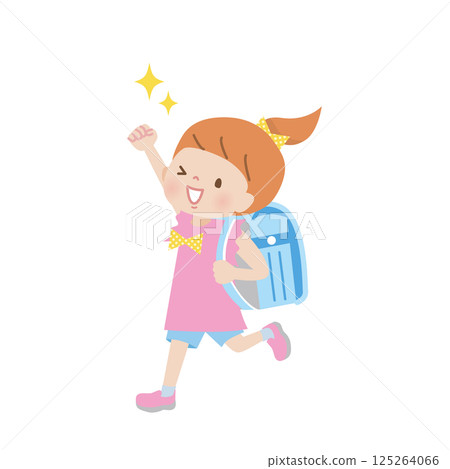 一個女孩背著書包，擺出握拳姿勢 125264066