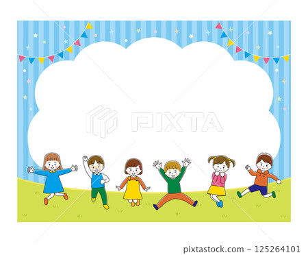 Illustration frame of jumping children, blue border, horizontal 125264101