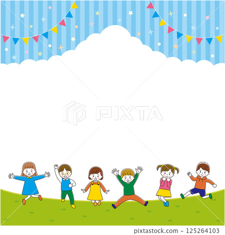 Illustration frame of jumping children, blue border, vertical 125264103
