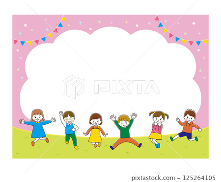 跳躍兒童插圖框，粉紅色，水平 125264105