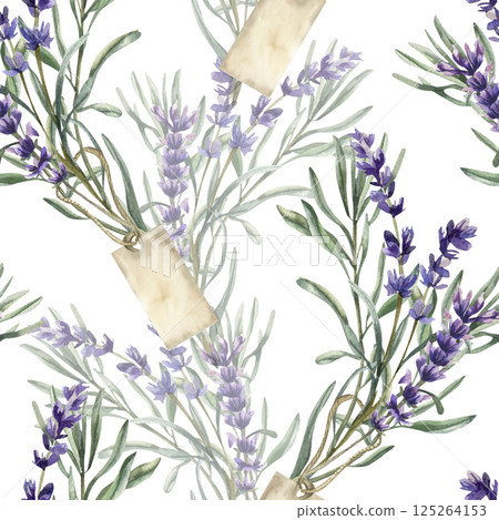 Lavender bouquet with vintage tag watercolor seamless pattern. Hand drawn violet field flowers elegant background, floral clipart with herbs for textile,fabric,scrapboocking design Lavender bouquet with vintage tag watercolor seamless pattern. Hand drawn violet field flowers elegant background, floral clipart with herbs for textile,fabric,scrapboocking design 125264153