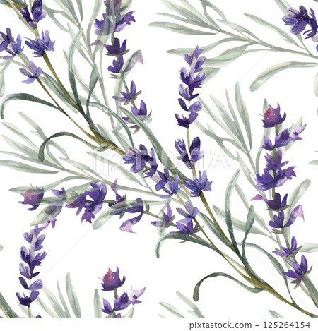 Lavender flower sprig with green leaves watercolor seamless pattern. Hand drawn floral background with violet field flowers and herbs, romantic elegant clipart for fabric, textile, wallpaper design Lavender flower sprig with green leaves watercolor seamless pattern. Hand drawn floral background with violet field flowers and herbs, romantic elegant clipart for fabric, textile, wallpaper design 125264154