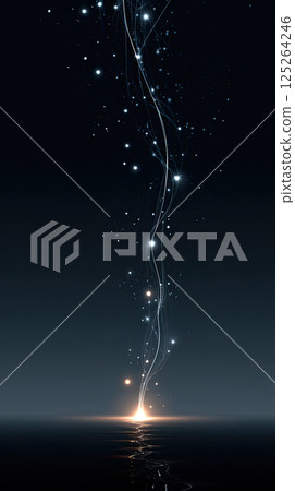 Glowing threads rise from bright point, connecting to stars in limitless night sky Glowing threads rise from bright point, connecting to stars in limitless night sky 125264246